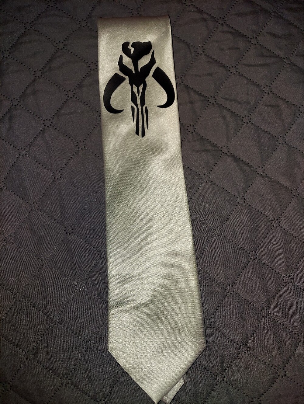 Silver Men's Tie with Black Mandalorian Mythosaur Emblem